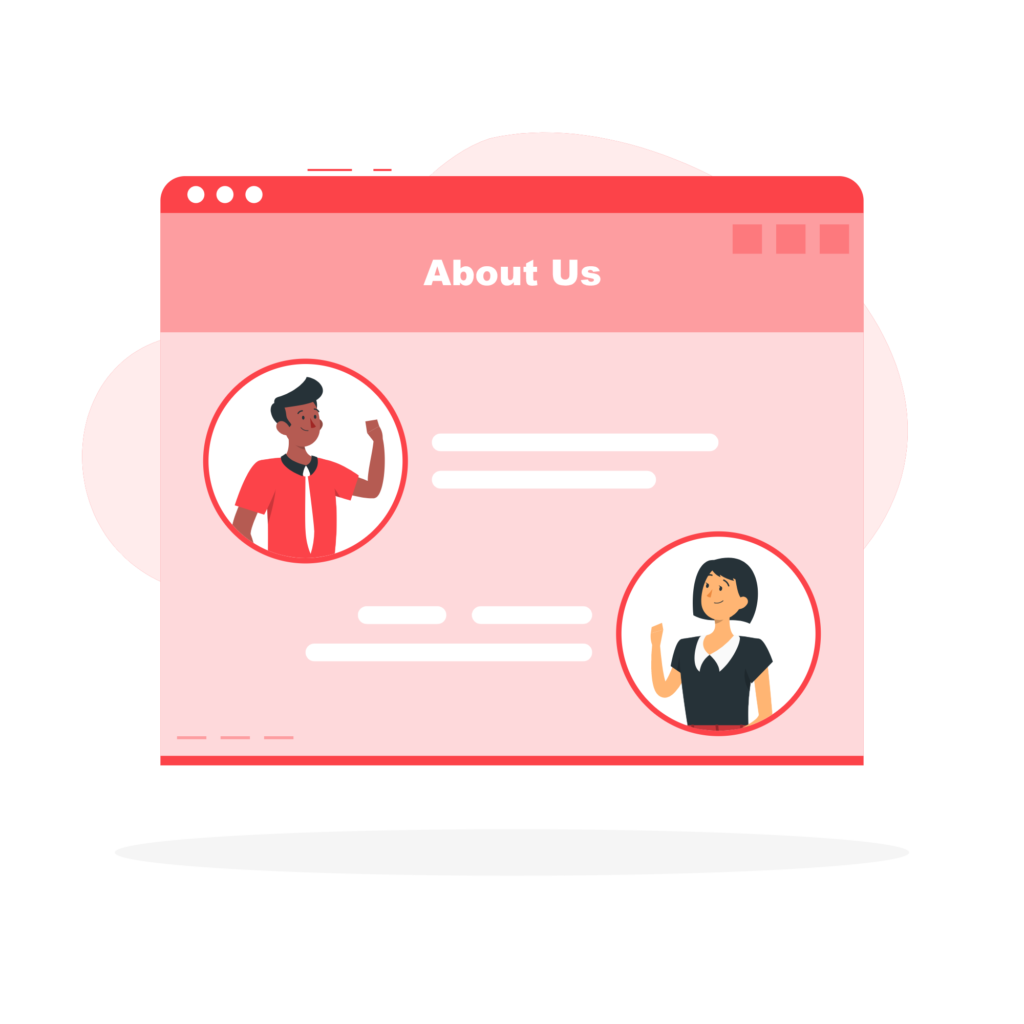 Cartoon of an about us webpage with two people listed.