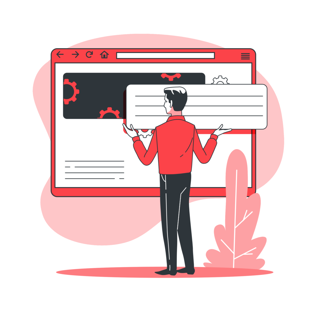 Cartoon of a man holding up a block of content ready to place it on a board that depicts a webpage.