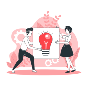Cartoon of a man and woman holding up a canvas with a red lightbulb on it.