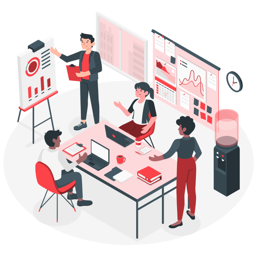 Cartoon of a team working in a room to optimize a client's website.