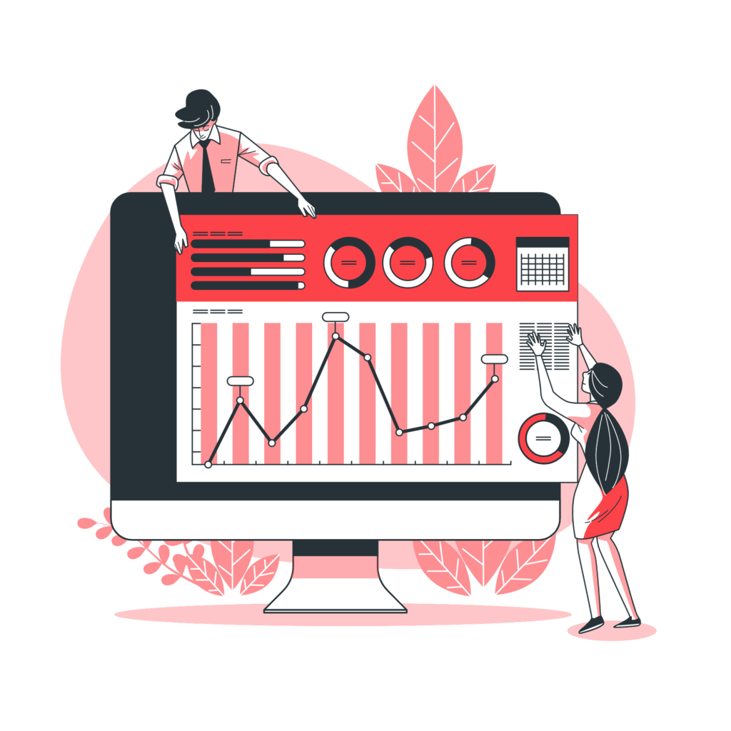 Cartoon of a man and woman optimizing an online advertising campaign.