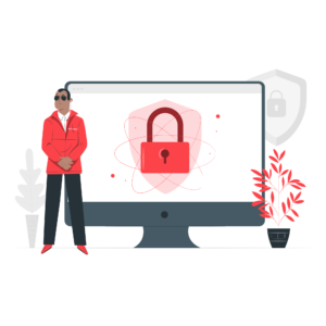 Cartoon of a security guard standing beside a large computer with a lock displayed on the computer screen.