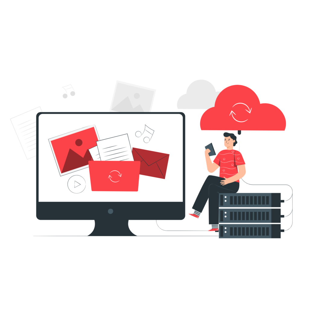 Cartoon of a man sitting on a web hosting server with a cloud over his head.