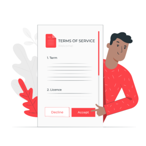 Cartoon of a man holding up a paper titled terms of service.