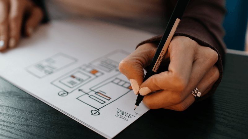 UX Work: Woman's hands drawing a wireframe