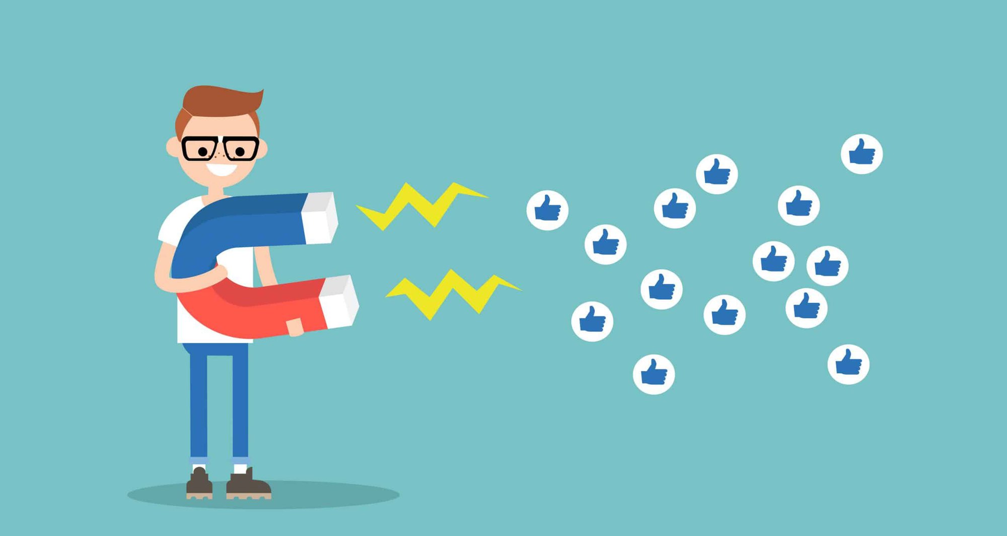 A man holding a large magnet attracting thumbs up bubbles depicting Facebook likes.