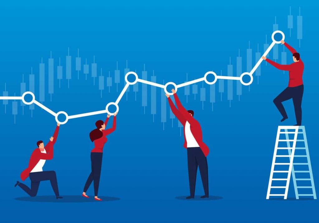 An animated graph trending upward with three men and a woman holding up each point on a blue background.