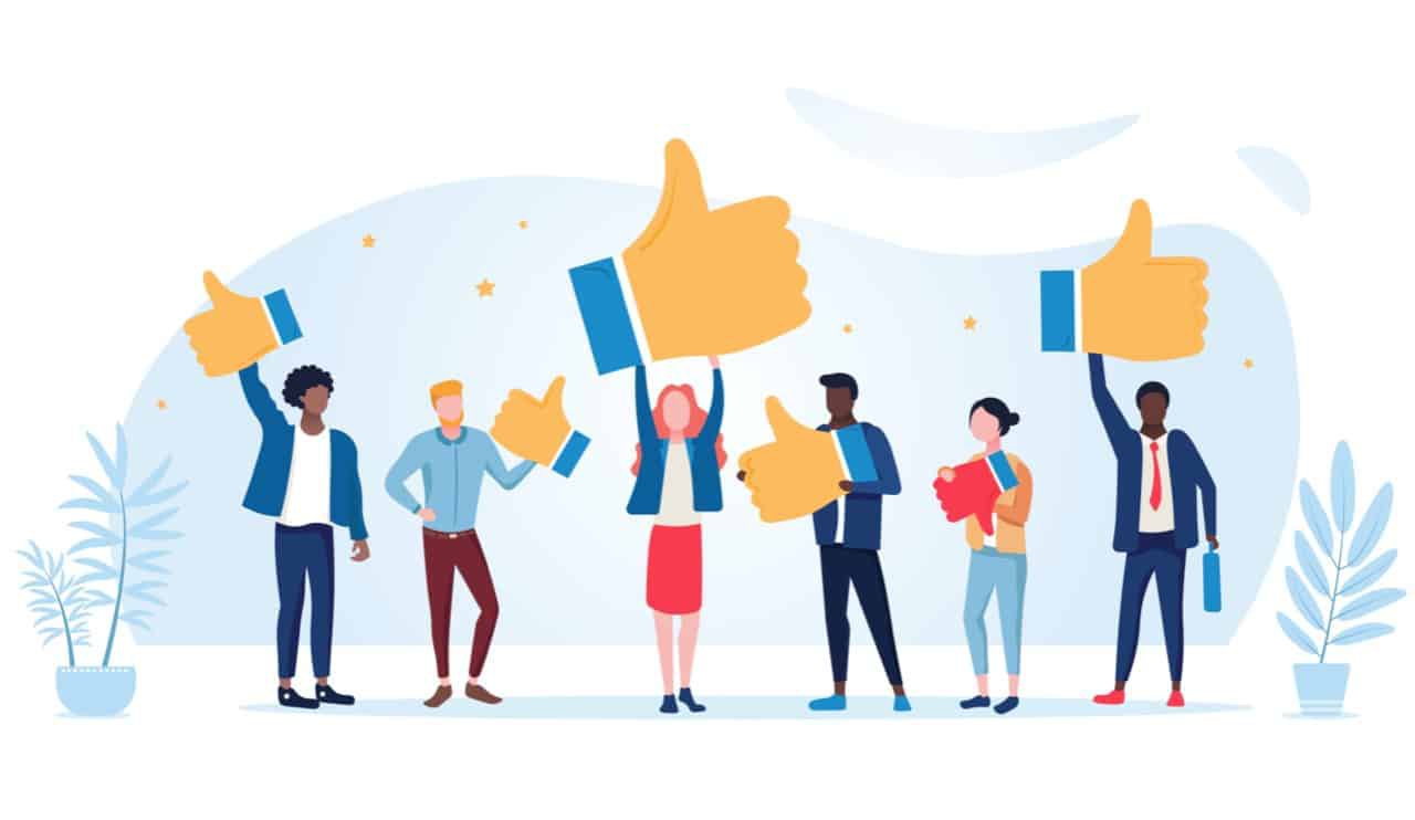 People standing around with thumbs up (like) banners grading awesome homepages.