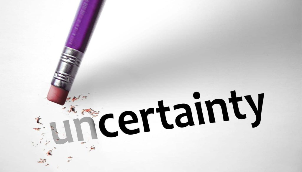 The word uncertainty with the UN being erased by a pencil.