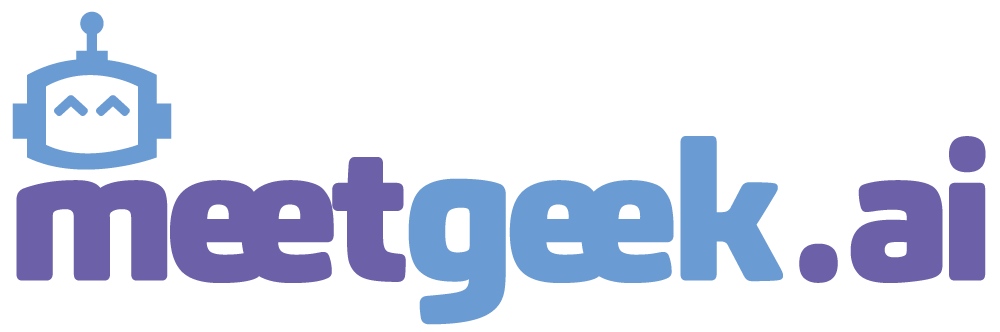 The Meet Geek logo, a stylized letter M with a robot head in purple, with 