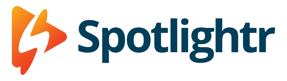 Spotlightr logo is lettered in dark blue with a preceding orange triangle with an s in the middle.