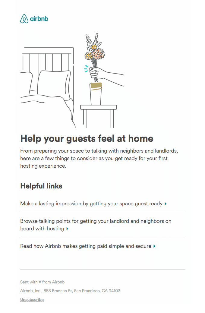 Airbnb Welcome Email Examples: A warm image of an email to it's hosts who have joined the platform.