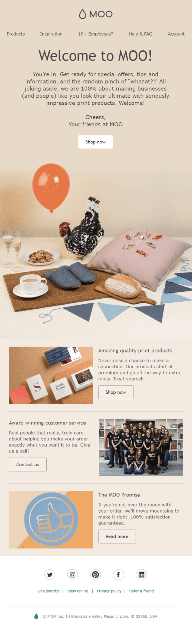 Welcome Email Examples: An image of Moo's welcome email offing savings and welcoming new subscribers.