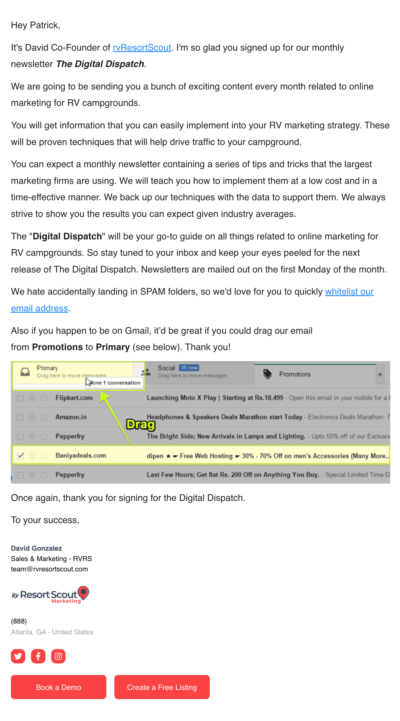 rvResortScout's Welcome Email Example: A delightful image of an email extending a friendly greeting to new newsletter subscribers.