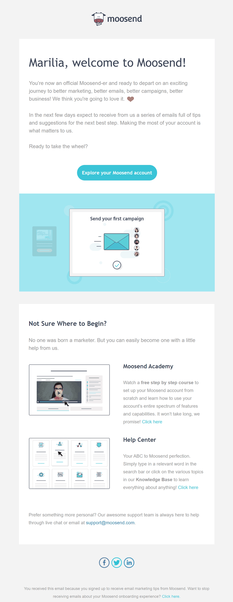 Moosend Welcome Email Example: A delightful image of an email extending a friendly greeting to new Moosender subscribers to their email list.